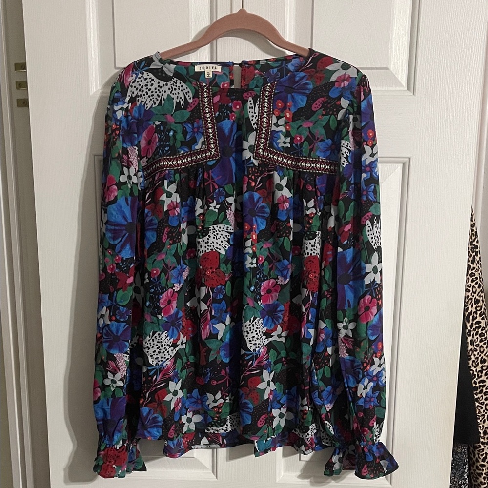 JODIFL Black Floral Long-Sleeve Peasant Blouse with Blue, Green, Pink Accents